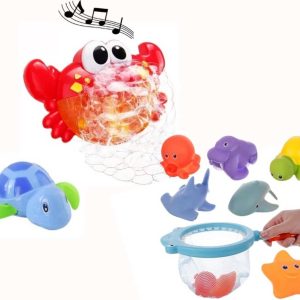Badspeelgoed – Badspeeltjes – Speelgoed Bad – Baby cadeau – Peuter cadeau – Baby, Peuter, Kleuter – 0, 1, 2, 3, 4, 5 Jaar – Krab met Bubbels en Muziek , Schepnetje met Knijpdiertjes , Opwindbare Schildpad – Waterspeelgoed – Bewegend Speelgoed