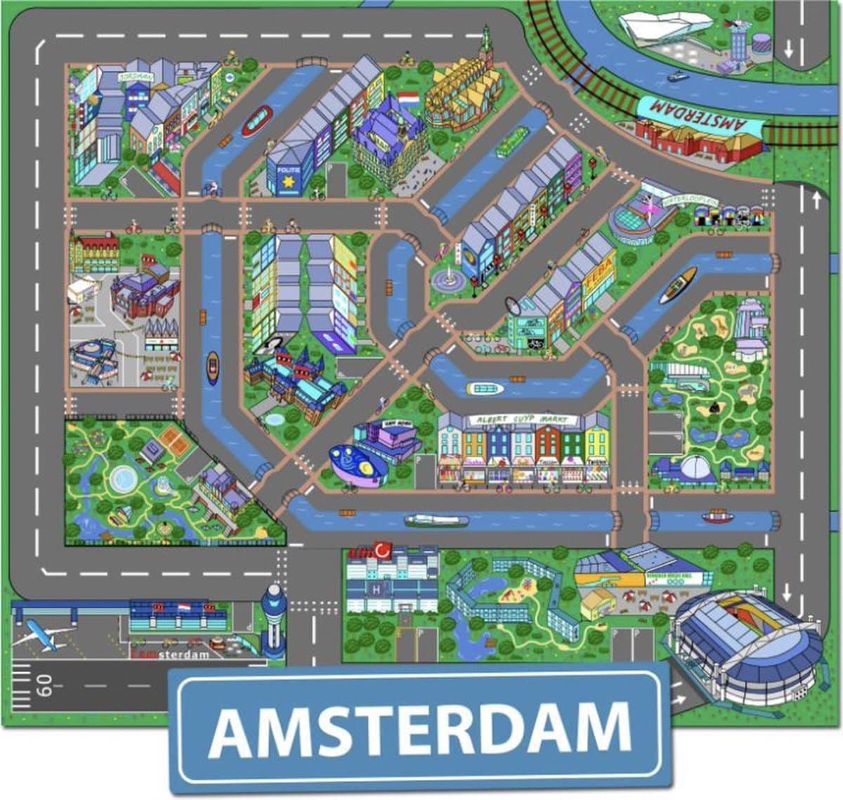 City Play Speelkleed – Thema: Amsterdam – Stad Speelkleed – Baby Speelkleed – Speelmat voor Baby’s, Peuters & Kleuters – Musthave voor échte Amsterdammers – Kinder Speelmat – Speelkleed Amsterdam – Verkeerskleed / Autokleed / Autobaan