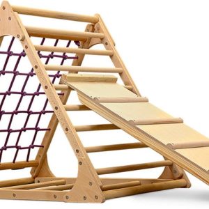 Juliard.Club Pikler Driehoek Triangle Net 1 met Klimnet en Glijbaan Klimbord – Klimrek klimtoestel voor peuters en kleuters -Houten klimtoren met glijbaan – vernis