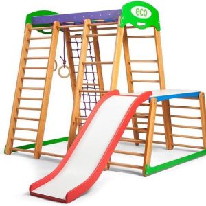 Juliard.Club Speelhoek Dino 150-4 – Speeltoestel, Klimtoestel met glijbaan – kleur walnoot