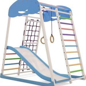 Juliard.Club Speelhoek Draco 130-2 met Glijbaan – Klimtoestel voor kinderen – Speeltoestel voor peuters met ringen – wit/blauw