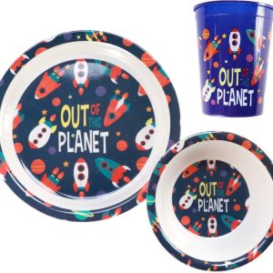 Kinderservies thema ruimte – 3 delige ontbijtset voor kinderen beker kom bord met raket – dinerset melkbeker peuters – robuust melamine + drinkbeker 100% BPA vrij – MS05