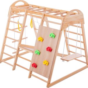 Peuterspeelset Binnenspeeltuin Jungle Gym set – hout 7-in-1 multifunctionele klimrekken – muurbeugels / ladderklimmer / glijbaan / schommel / net om te klimmen / optrekringen – plastic klimsteen – rotsklimmen voor kinderen