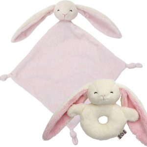 Pluche dieren setje konijnen knuffels rammelaar van 15 cm en tutteldoekje 40 cm