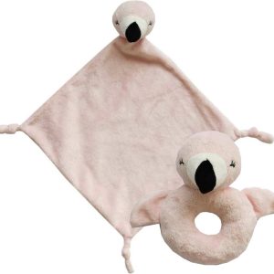Pluche dieren setje roze flamingo knuffel rammelaar van 15 cm en tutteldoekje 40 cm