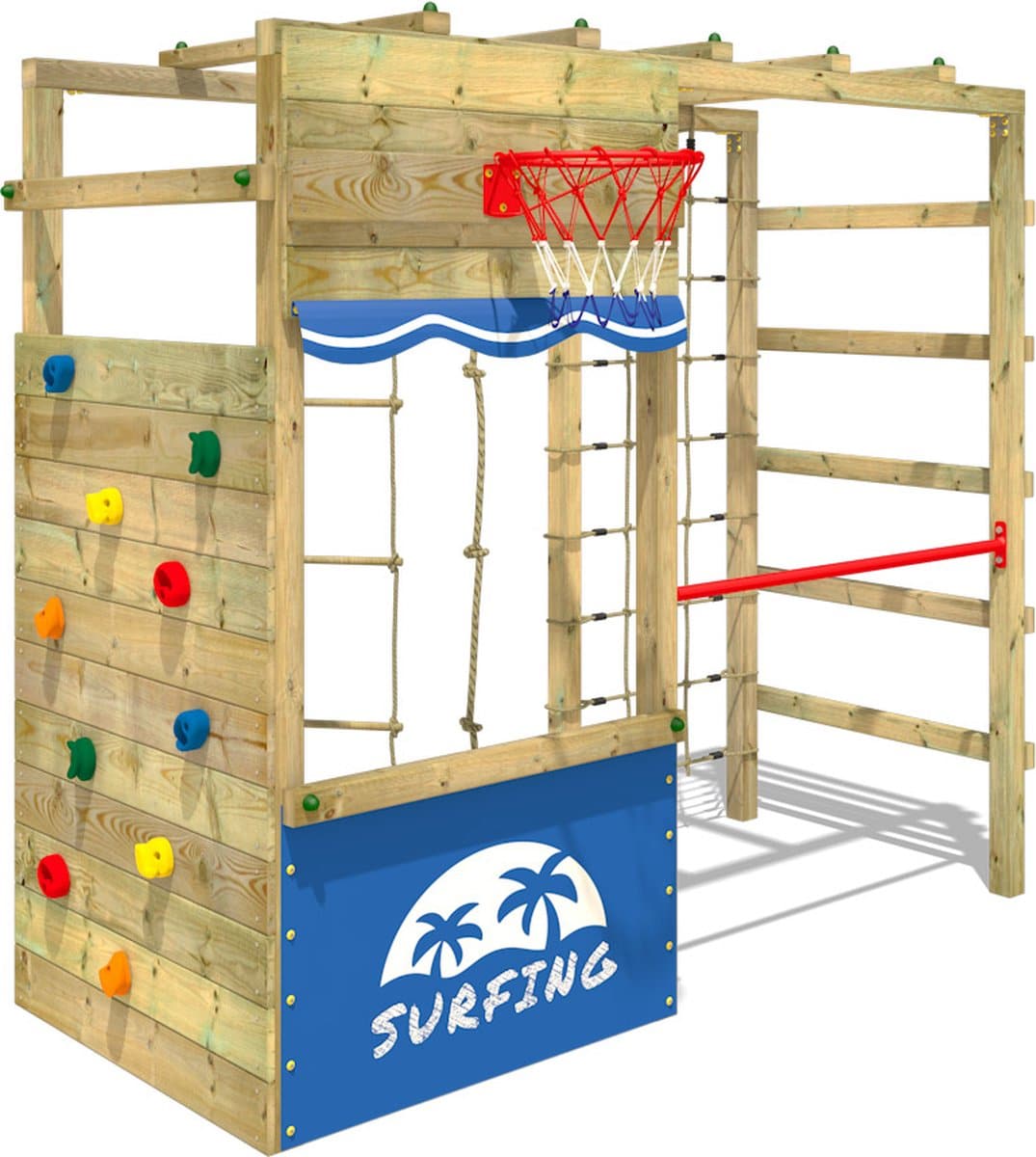 WICKEY klimtoestel outdoor speeltoestel Smart Action met blauw zeil, speeltoestel met klimwand, basketbalring & speelaccessoires voor kinderen in de tuin van hout - Afbeelding 2