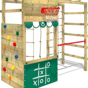 WICKEY klimtoestel outdoor speeltoestel Smart Action met groen zeil, speeltoestel met klimwand, basketbalring & speelaccessoires voor kinderen in de tuin van hout