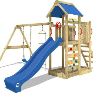 WICKEY speeltoestel klimtoestel MultiFlyer met schommel en blauwe glijbaan, outdoor kinderspeeltoestel met zandbak, ladder & speelaccessoires voor de tuin