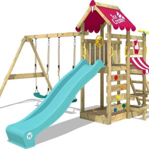 WICKEY speeltoestel klimtoestel VanillaFlyer met schommel, roze zeil & turquoise glijbaan, outdoor kinderspeeltoestel met zandbak, ladder & speelaccessoires voor de tuin