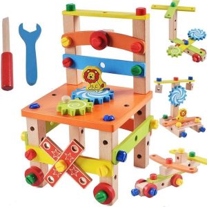 ZaciaToys Educatieve Houten Speelgoed Stoel Oranje – Multifunctionele Demontage – Houten Schroef Speelgoed Gereedschap Stoel – Kleurrijke Werkbank – Hout Blokken Moer Combinatie Educatief Gereedschap